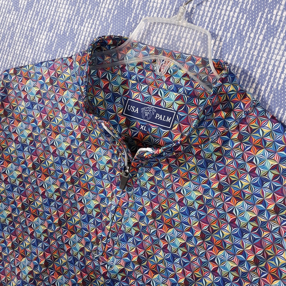 USA Palm 1/4 Zip Sweatshirt Mock Neck Geometric Long Sleeve Mens XL Multicolor‎